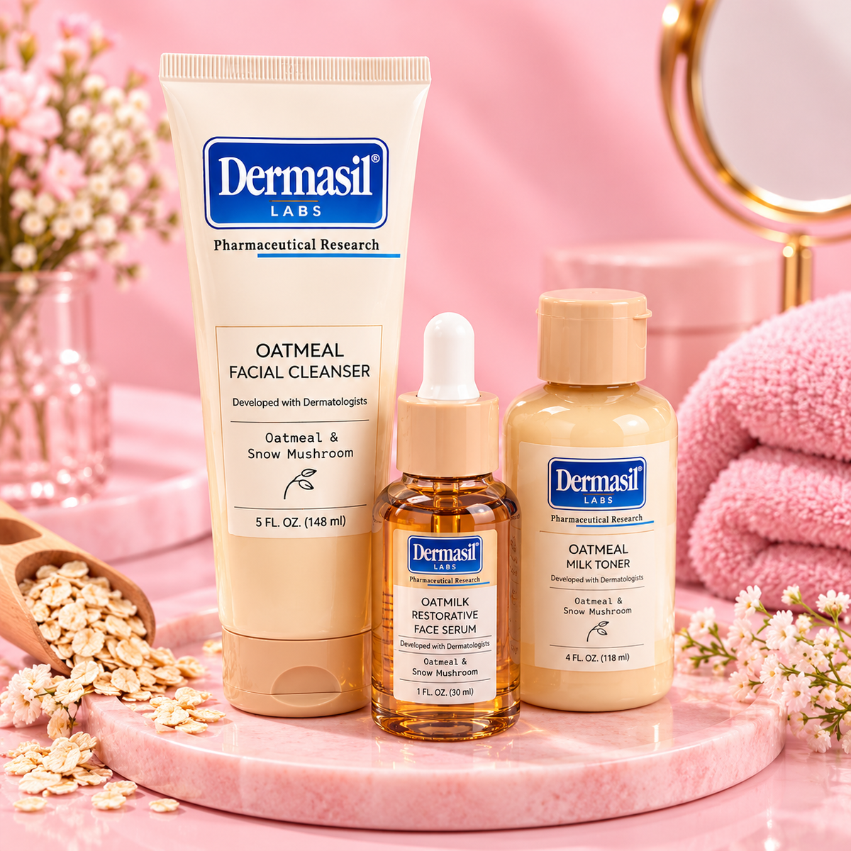 Dermasil Oatmeal set de tres productos fondo rosado