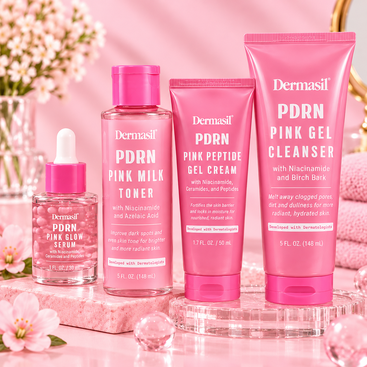 Dermasil PDRN Pink set de 4 productos fondo rosado claro