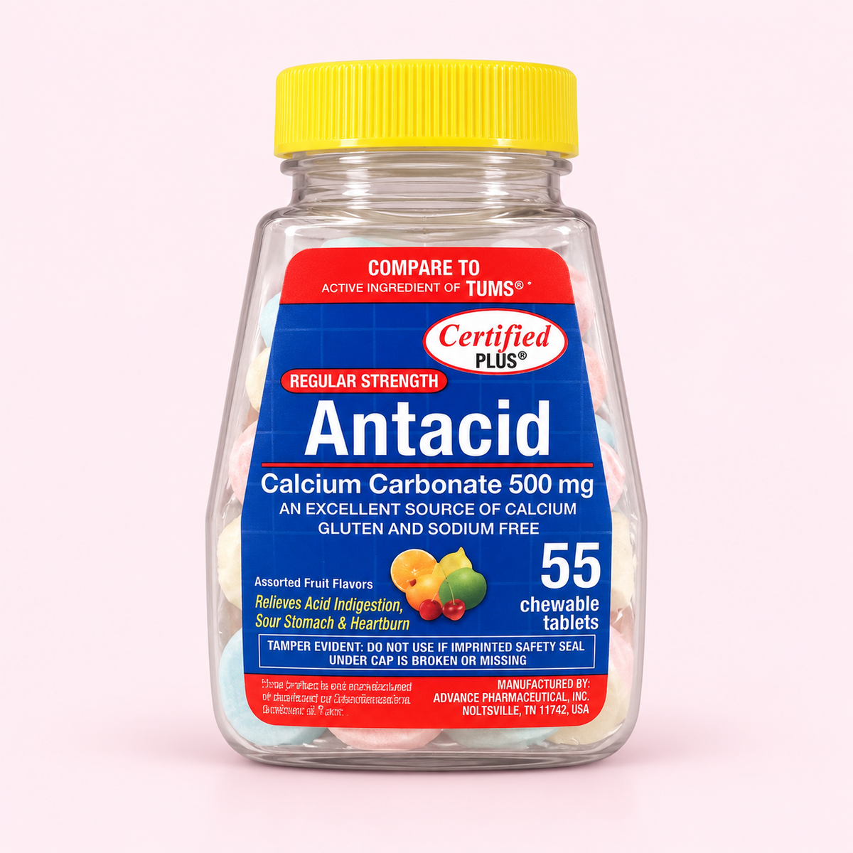 Antacid Certified Plus 500 mg — 55 tabletas masticables