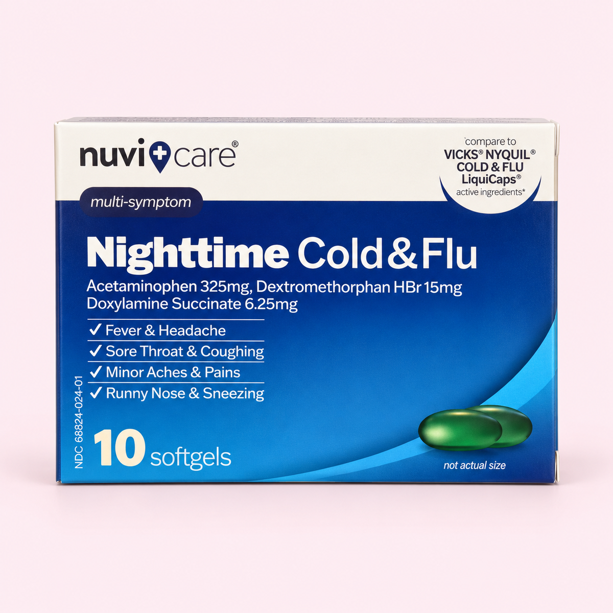 Nighttime Cold & Flu Nuvicare — 10 cápsulas blandas