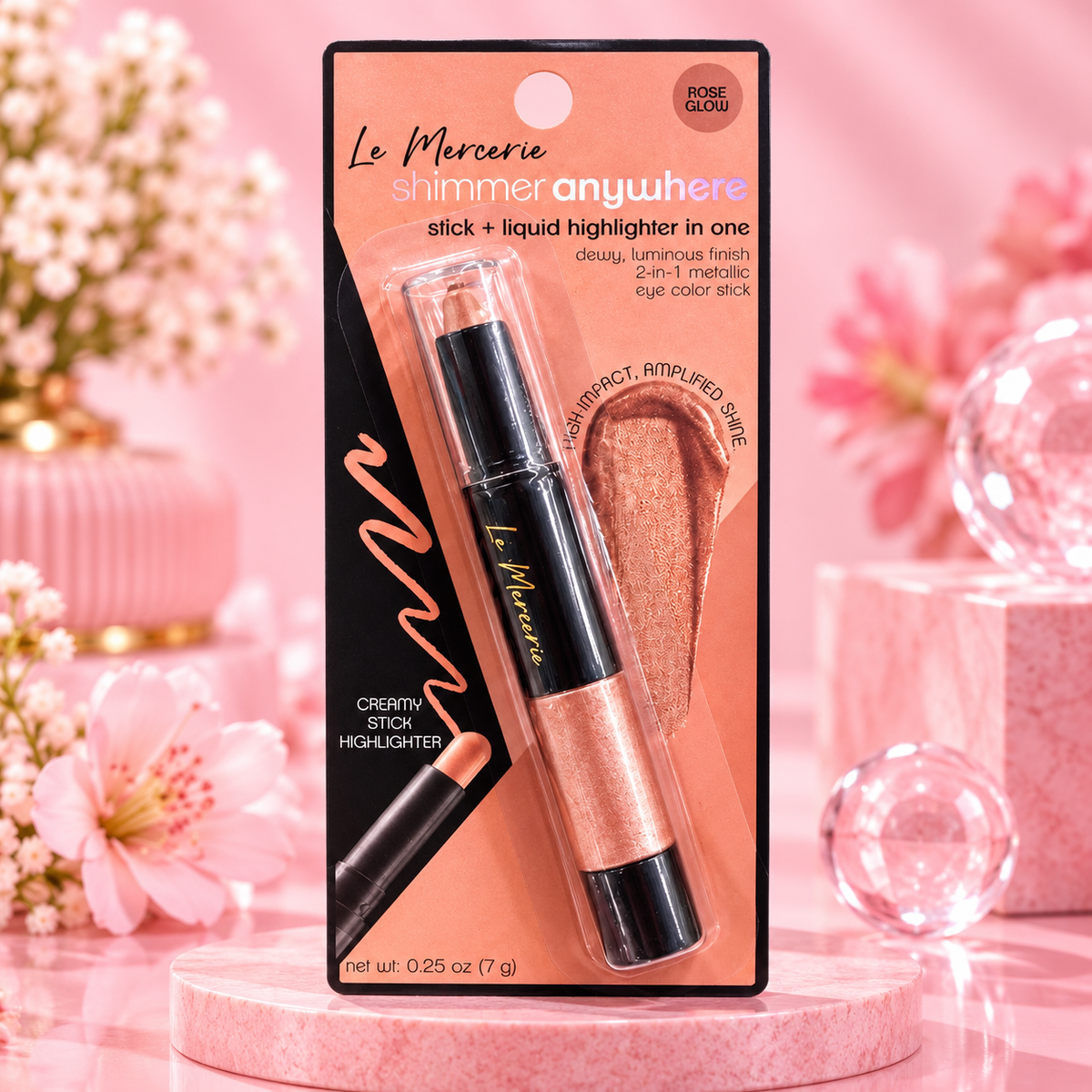 Iluminador Le Mercerie Rose Glow 2 en 1 con fondo rosado