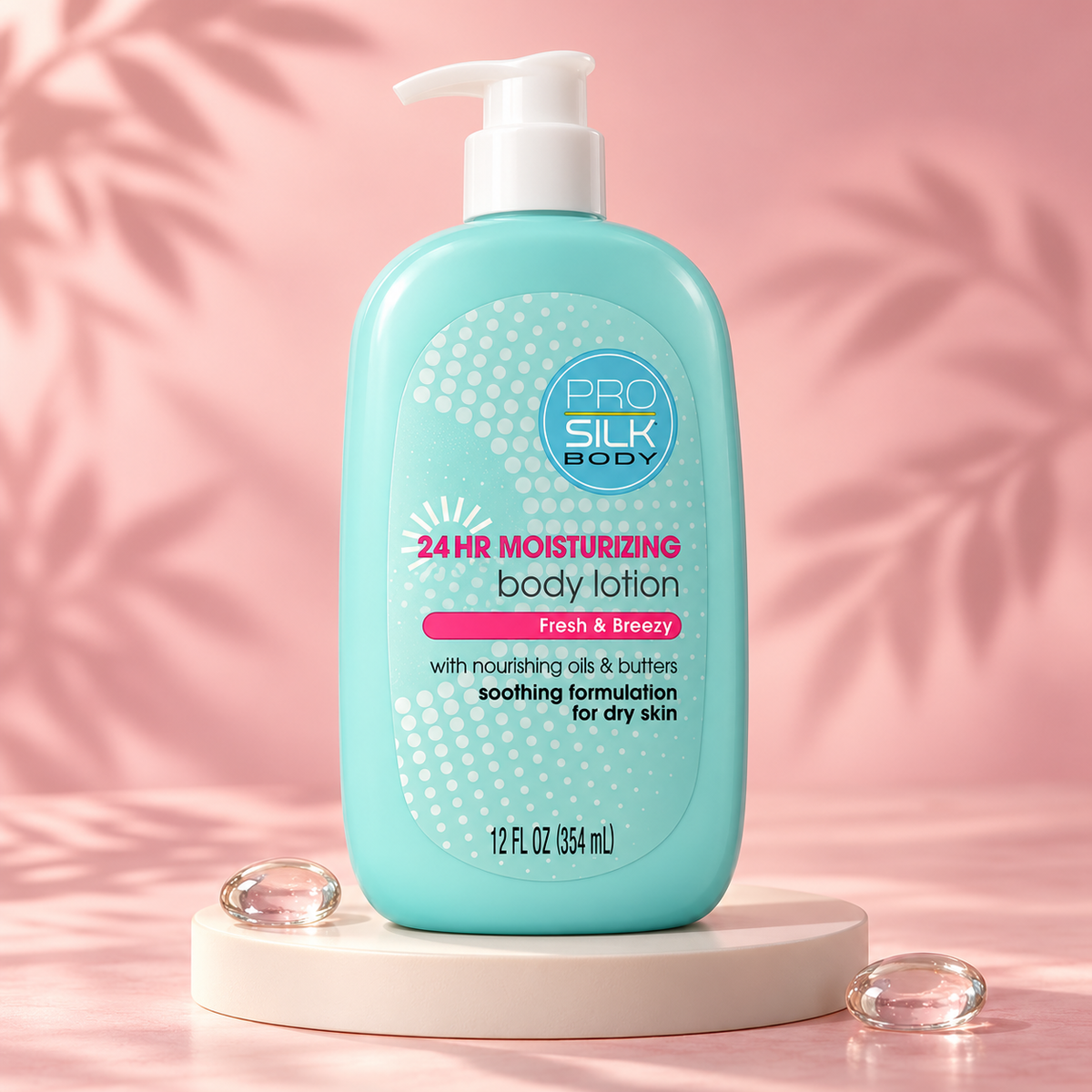 Loción corporal Pro Silk Fresh & Breezy — 354 ml sobre fondo rosado