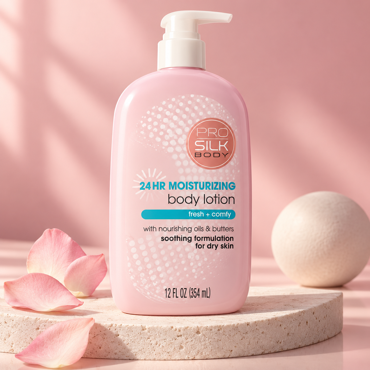 Loción corporal Pro Silk Fresh + Comfy — 354 ml sobre fondo rosado