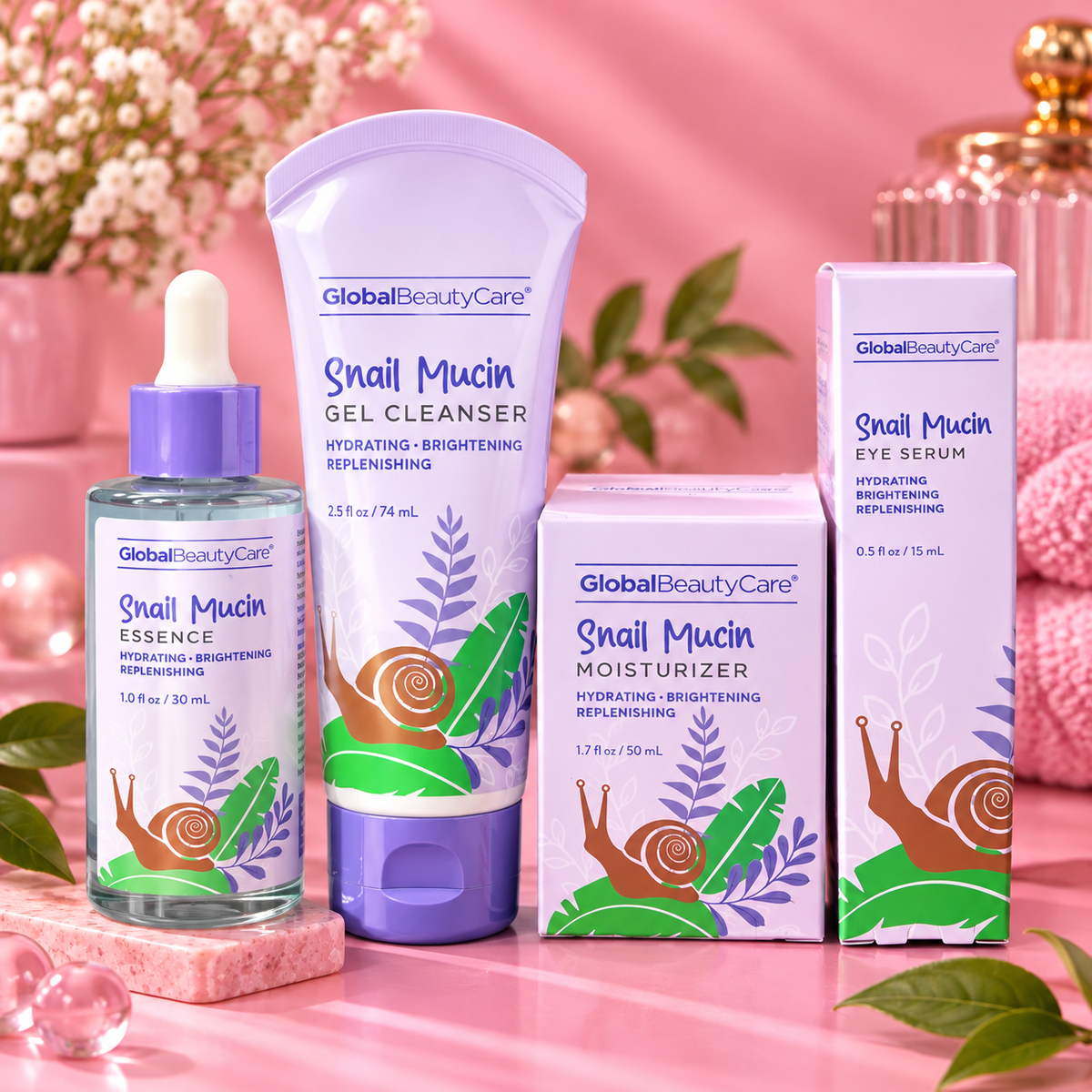 Global Beauty Care Snail Mucin set de cuatro productos con fondo rosado