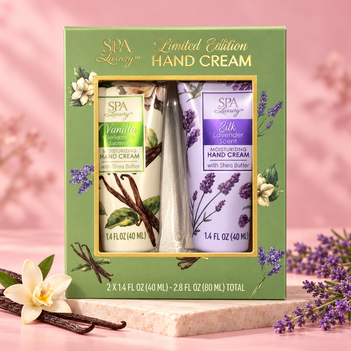 Set Spa Luxury Vanilla y Silk Lavender sobre fondo rosado con vainilla y lavanda